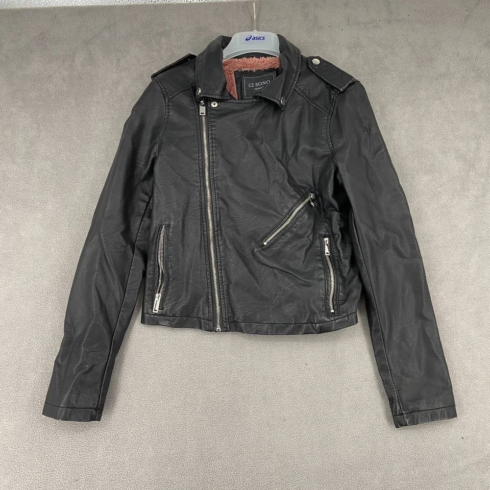 Ci Sono Motorcycle Jacket‎ Womens Small Black Leather Asymmetrical Zip Riding